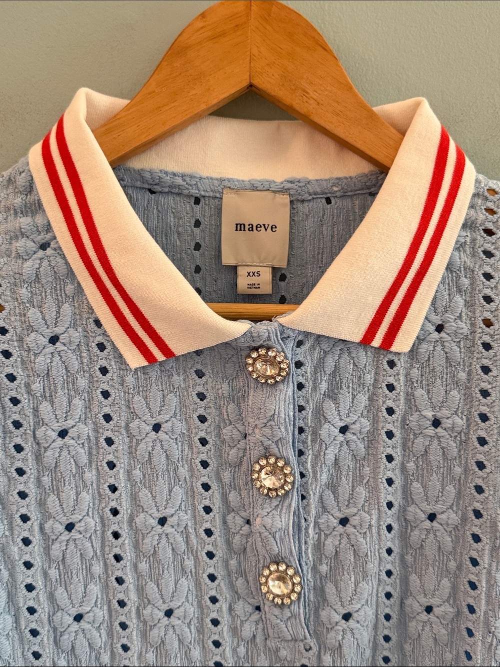 Maeve Pale Blue Eyelet Polo with Crystal Buttons - XXS - NWT - Picture 3 of 9